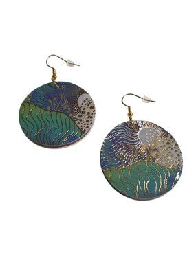 Handcrafted Round Dangle Earrings Blue Green Gold Wave Dangle Hook Boho Gift